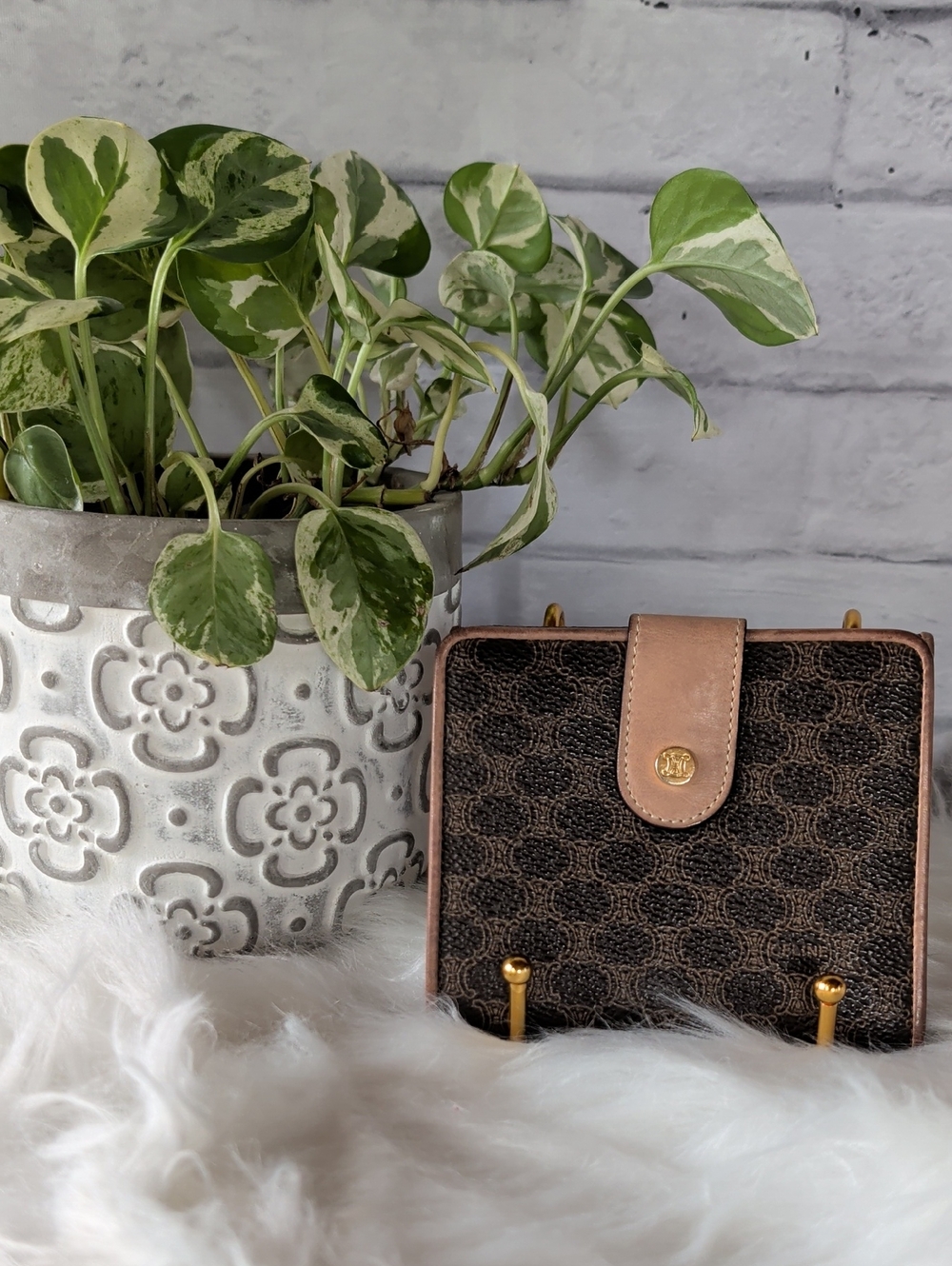 Celine Brown Monogram Compact Wallet with Light Tan Trim